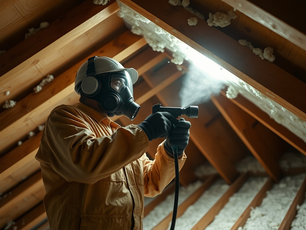 Technician spraying foam insulation onto an attic roof deck